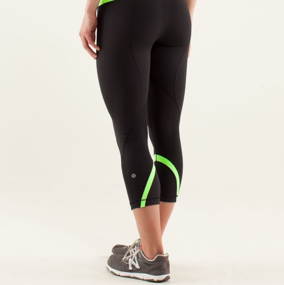 lululemon athletica Black Capri Leggings with Neon Green Trim